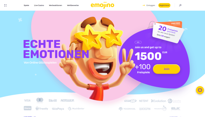 Emojino Casino Willkommensbonus Banner mit 500 Euro und 100 Freispielen